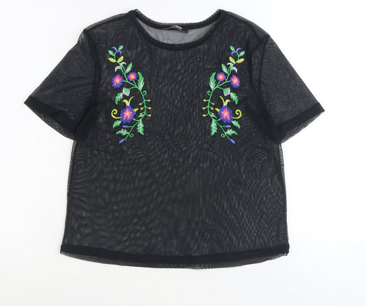 Zara Womens Black Polyester Basic T-Shirt Size S Round Neck - Flower Detail
