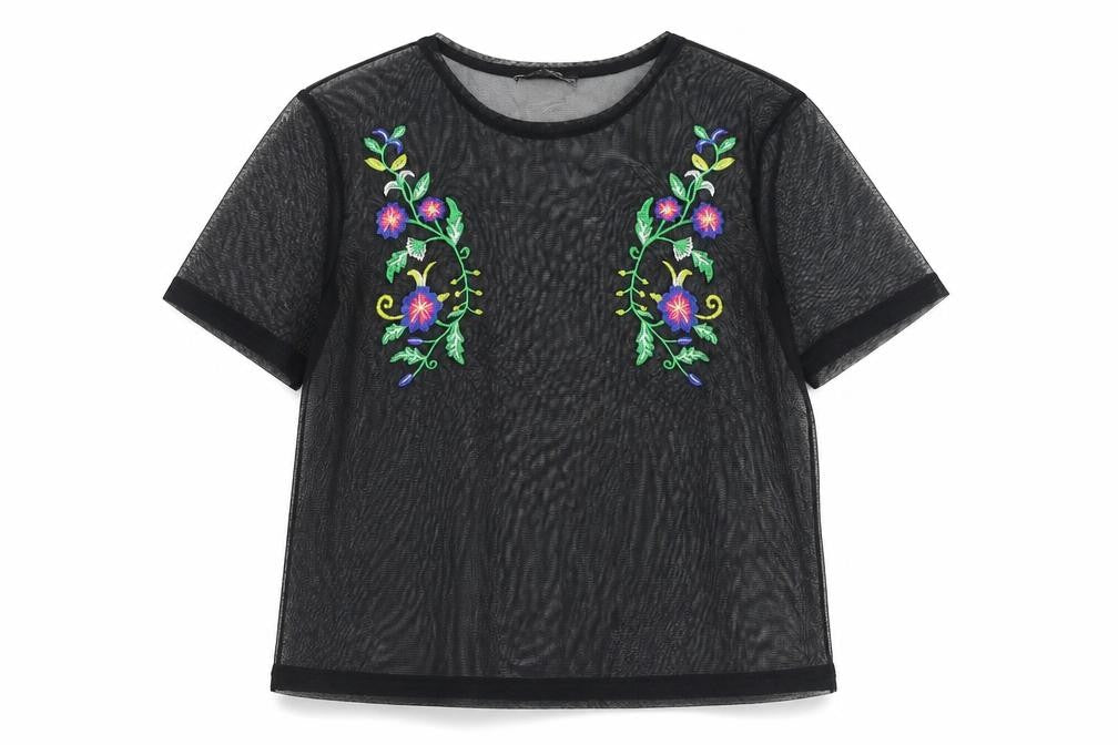 Zara Womens Black Polyester Basic T-Shirt Size S Round Neck - Flower Detail