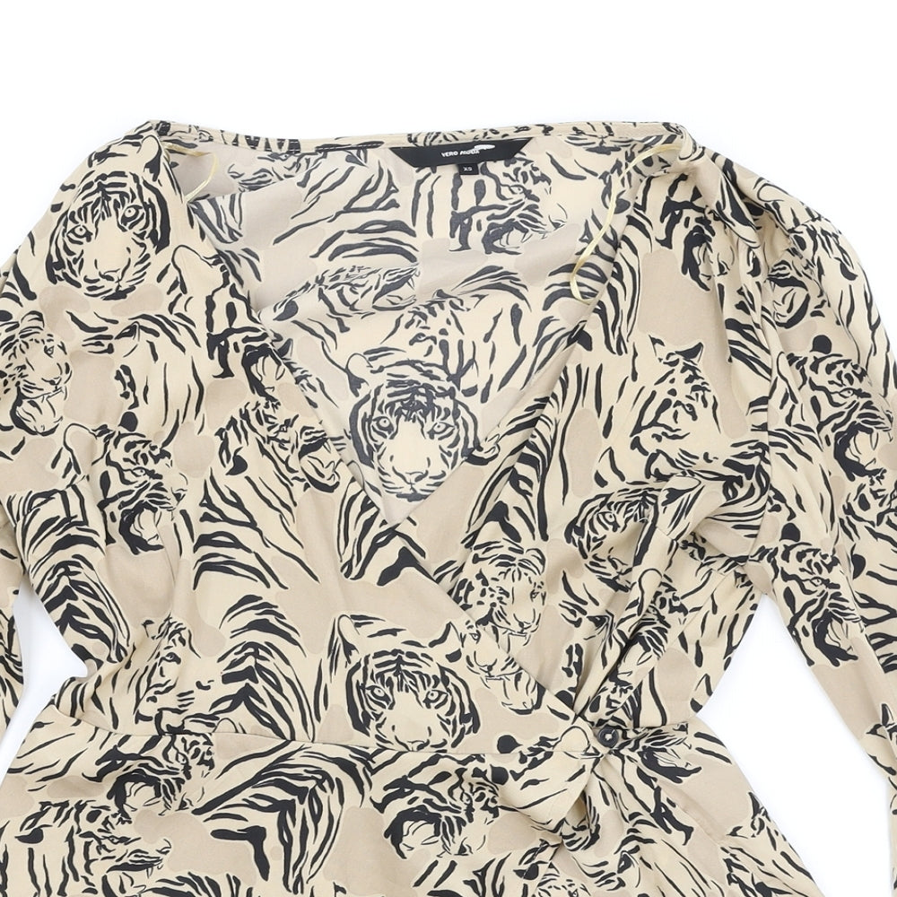 VERO MODA Womens Brown Animal Print Viscose Basic Blouse Size XS V-Neck - Tiger Print