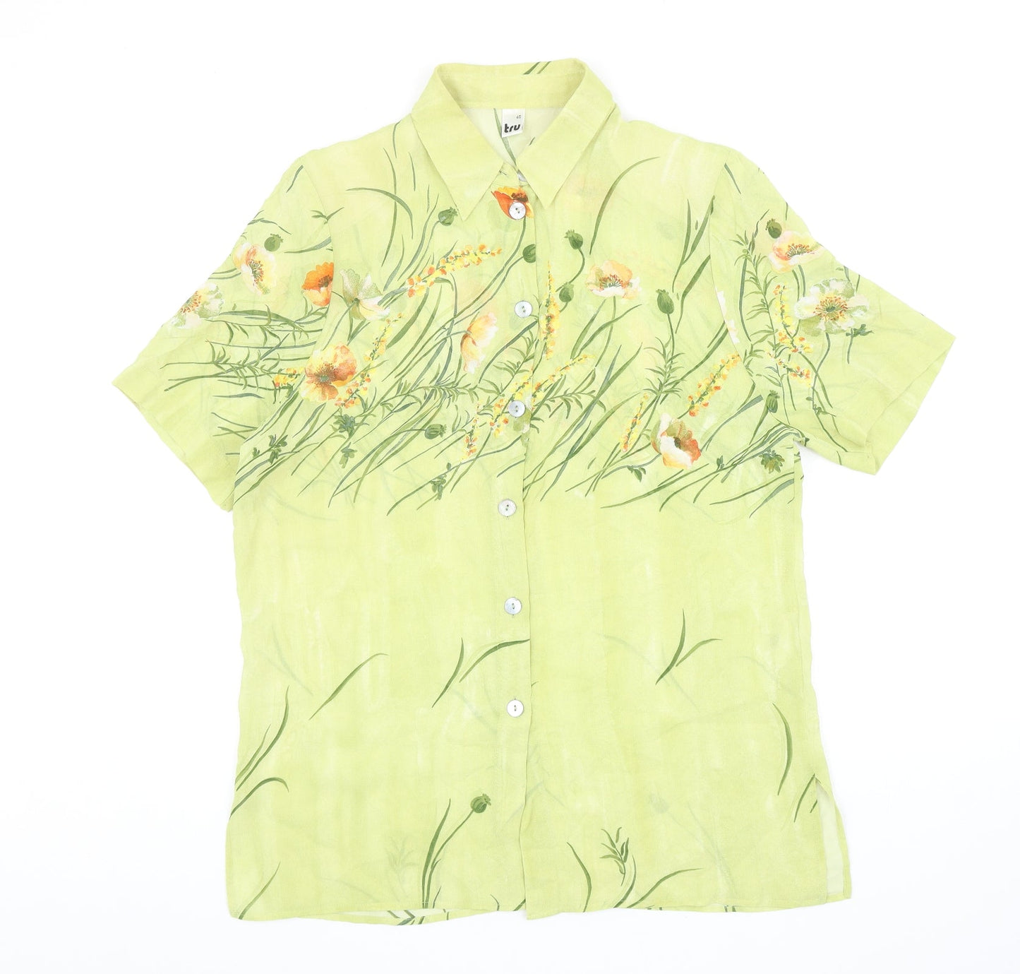 tru Womens Green Geometric Viscose Basic Button-Up Size 12 V-Neck