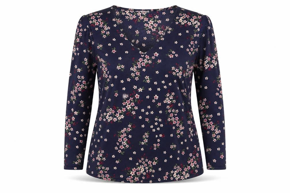 Encuentro Womens Blue Floral Viscose Basic Blouse Size XL V-Neck