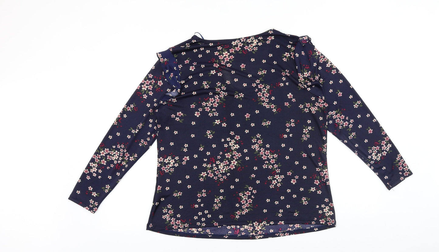 Encuentro Womens Blue Floral Viscose Basic Blouse Size XL V-Neck
