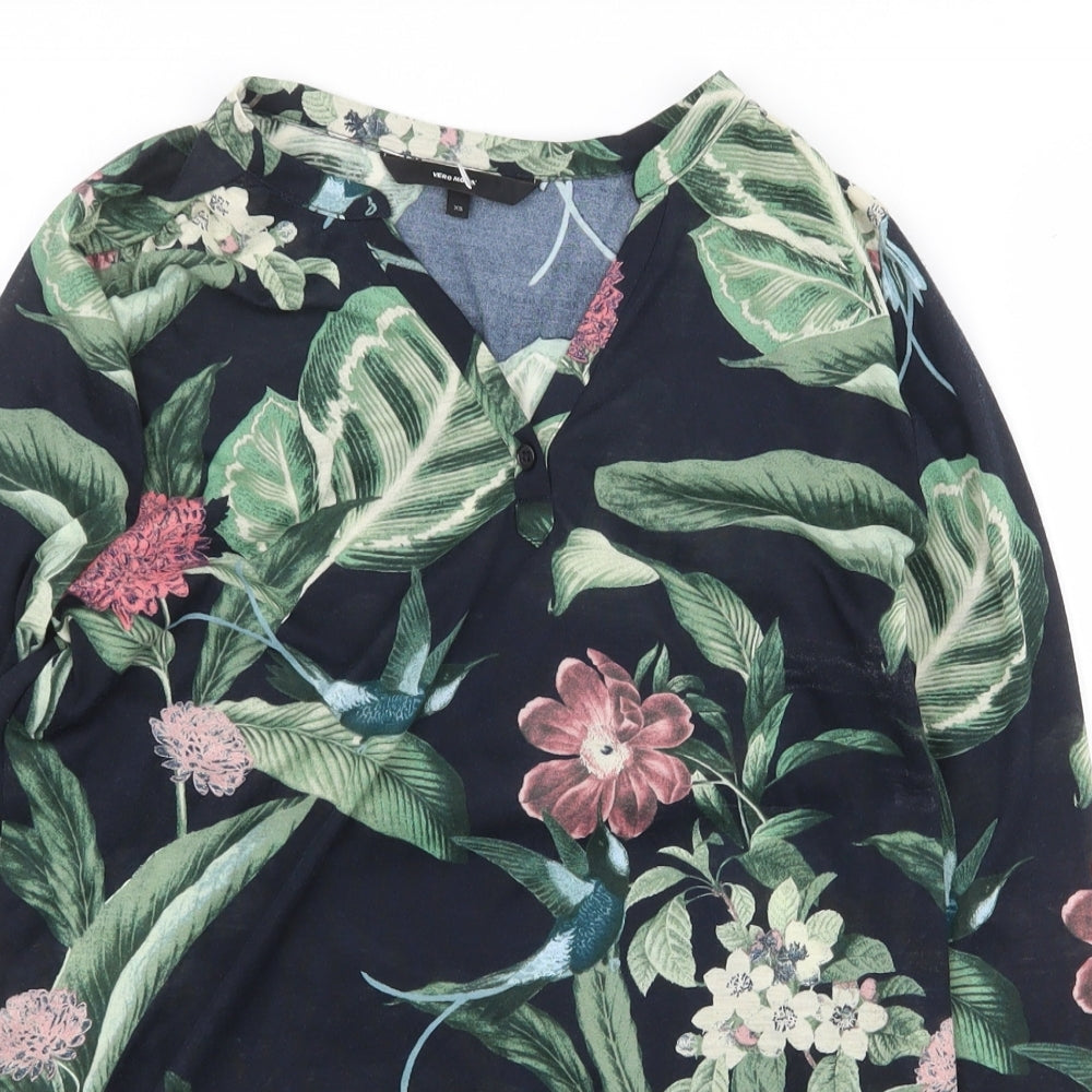 Vera Moda Womens Multicoloured Geometric Polyester Basic T-Shirt Size XS V-Neck - Leaf Print