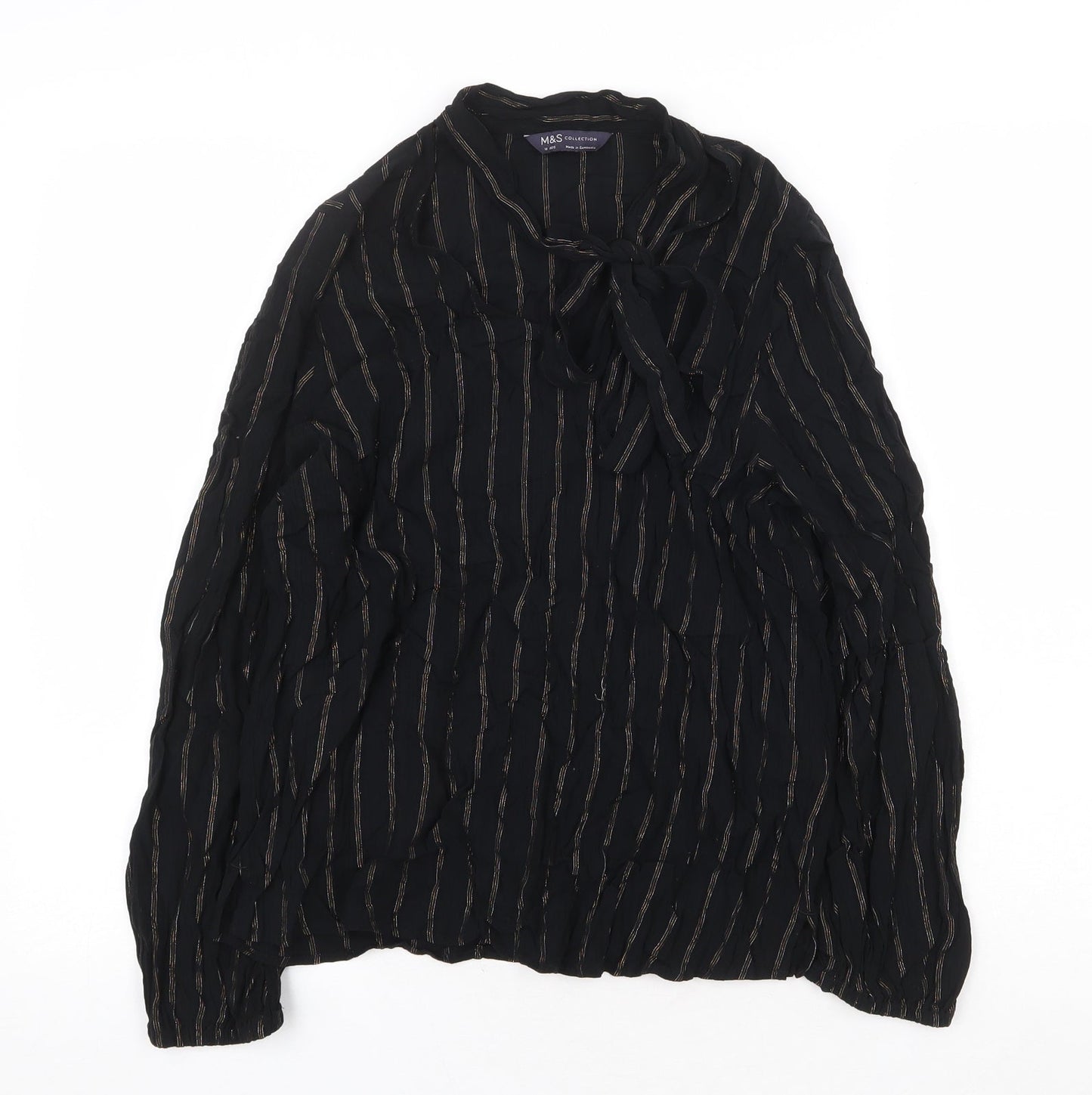 Marks and Spencer Womens Black Striped Viscose Basic Blouse Size 10 V-Neck