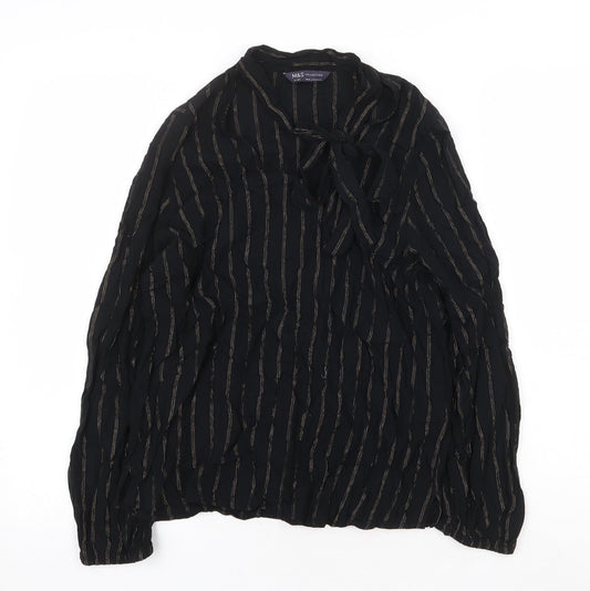 Marks and Spencer Womens Black Striped Viscose Basic Blouse Size 10 V-Neck