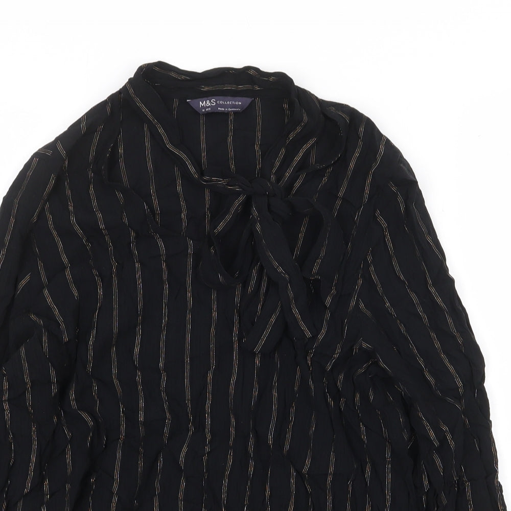 Marks and Spencer Womens Black Striped Viscose Basic Blouse Size 10 V-Neck