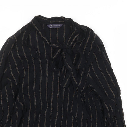 Marks & Spencer Womens Black Striped Viscose Basic Blouse Size 10 V-Neck