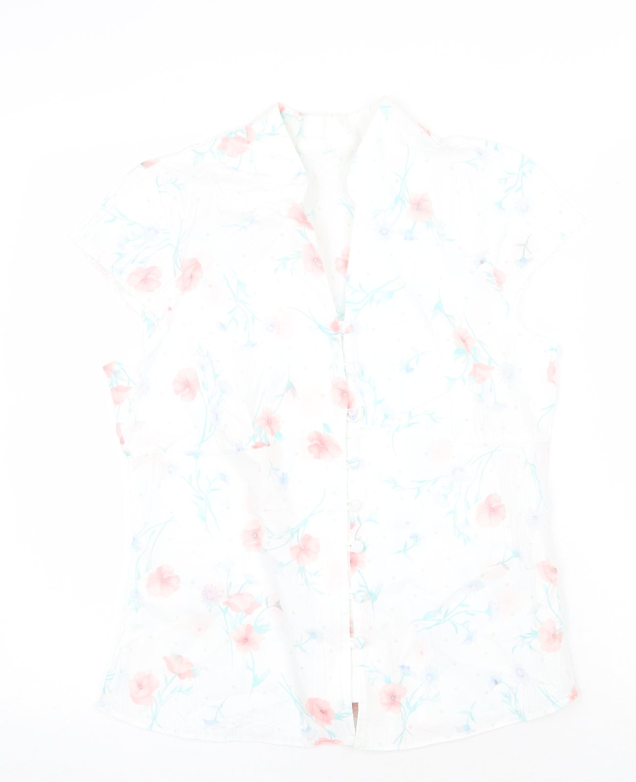Preworn Womens White Geometric 100% Cotton Basic Button-Up Size 14 V-Neck