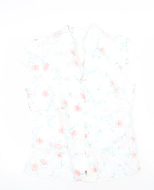 Preworn Womens White Geometric 100% Cotton Basic Button-Up Size 14 V-Neck