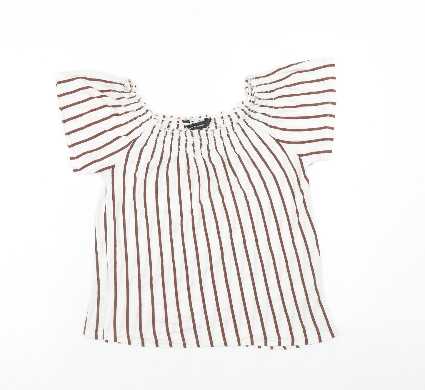 New Look Womens White Striped Cotton Basic Blouse Size 8 Round Neck