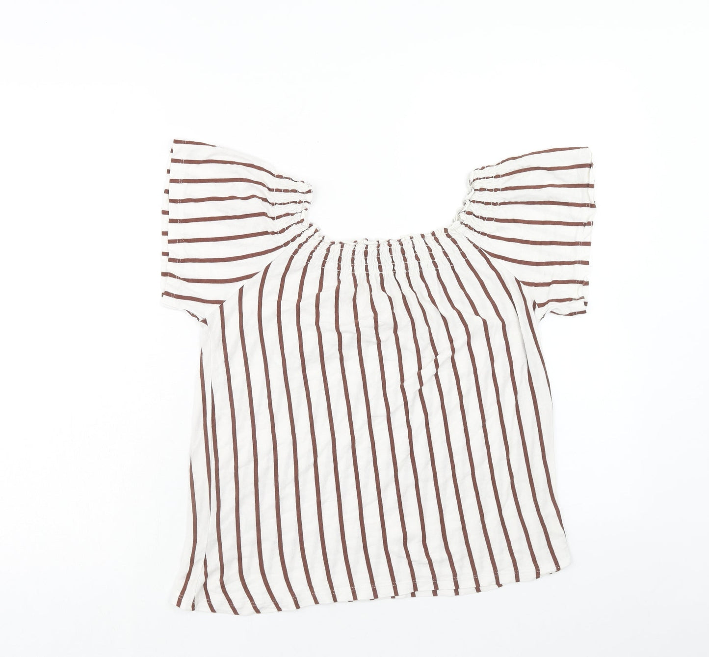 New Look Womens White Striped Cotton Basic Blouse Size 8 Round Neck