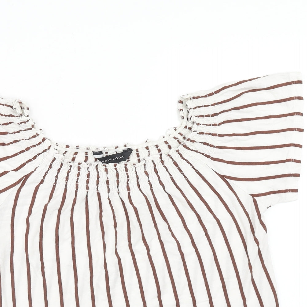 New Look Womens White Striped Cotton Basic Blouse Size 8 Round Neck