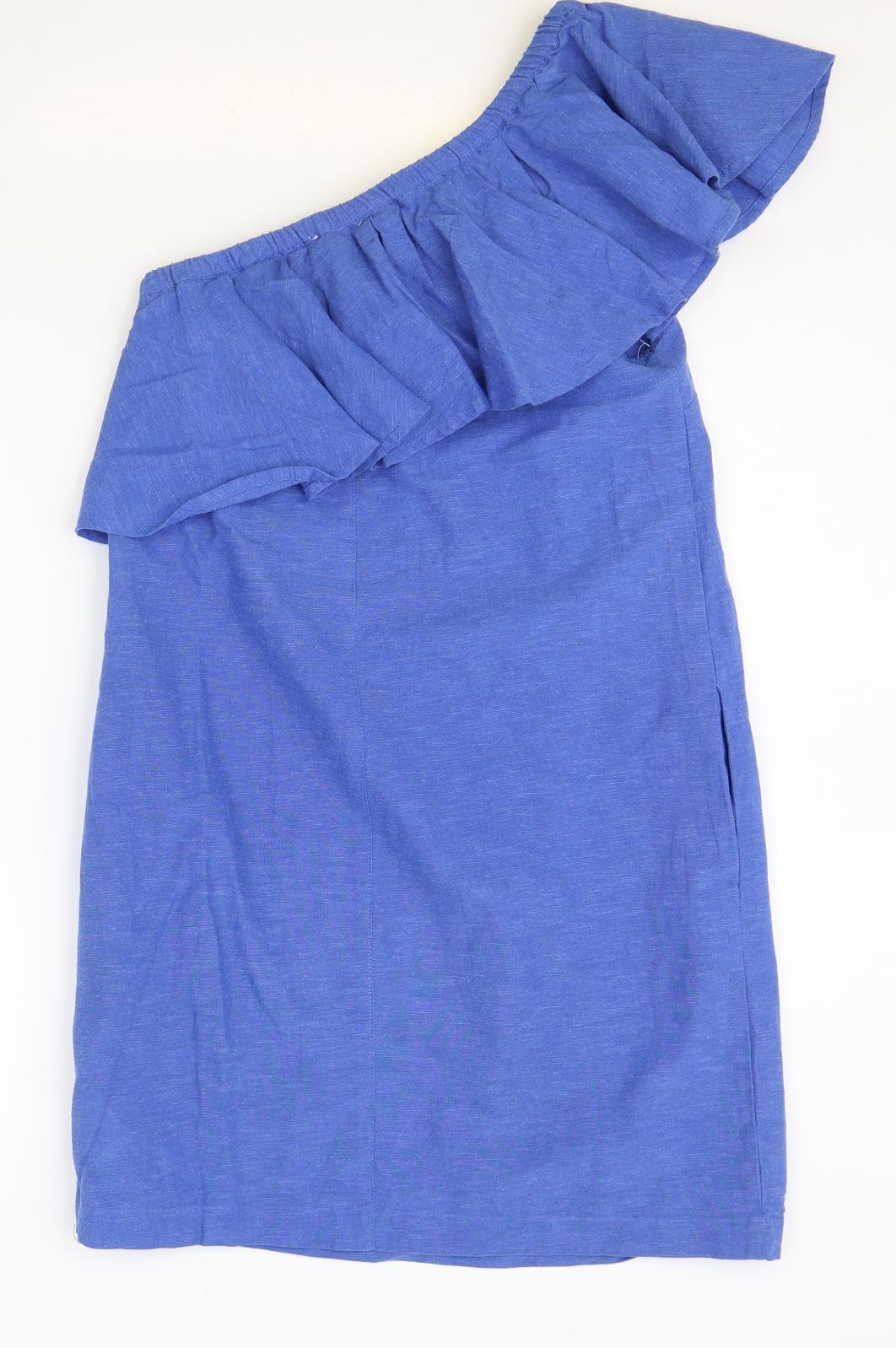 Warehouse Womens Blue Cotton Tank Dress Size 10 One Shoulder Zip