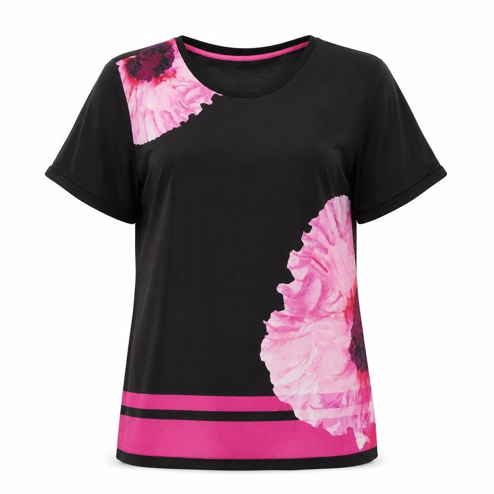 Preen Womens Black Floral Polyester Basic T-Shirt Size 10 Round Neck
