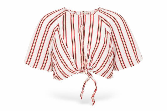Miss Selfridge Womens Multicoloured Striped Viscose Cropped Blouse Size 8 Round Neck - Knot Front