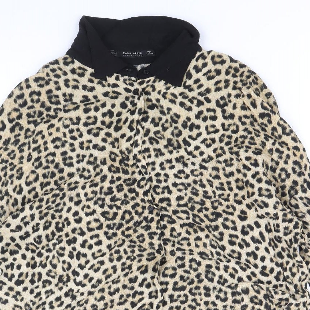 Zara Womens Brown Animal Print Viscose Basic Blouse Size S Collared - Leopard Pattern