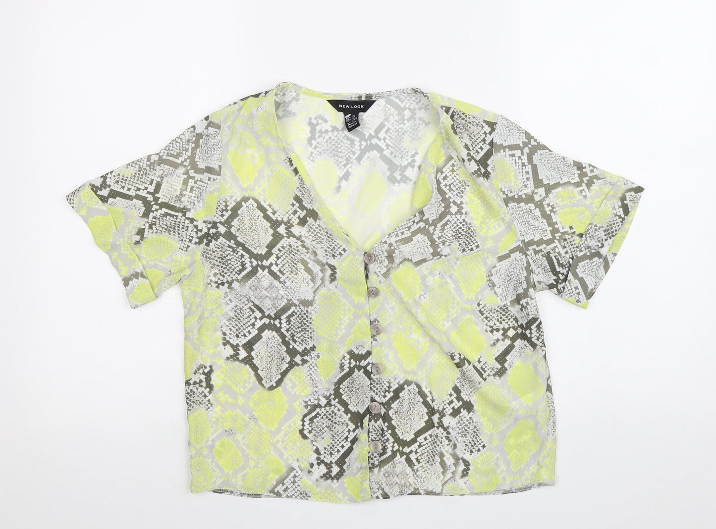 New Look Womens Yellow Animal Print Polyester Basic Button-Up Size 8 V-Neck - Snake Print