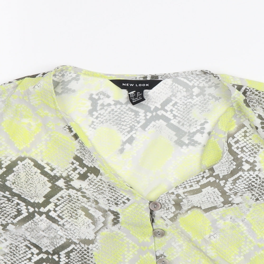 New Look Womens Yellow Animal Print Polyester Basic Button-Up Size 8 V-Neck - Snake Print