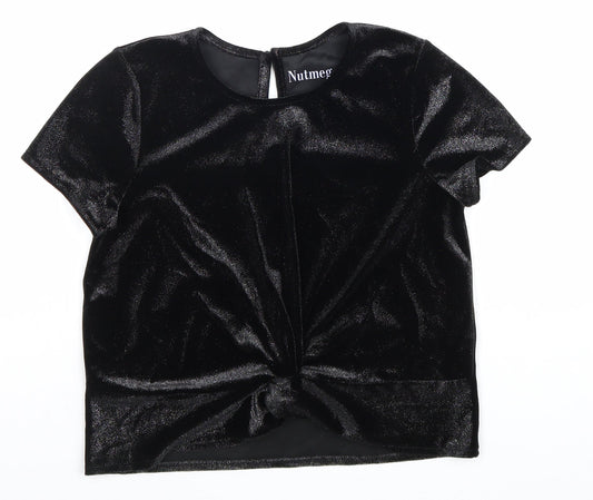Nutmeg Girls Black Viscose Basic T-Shirt Size 11-12 Years Round Neck Button