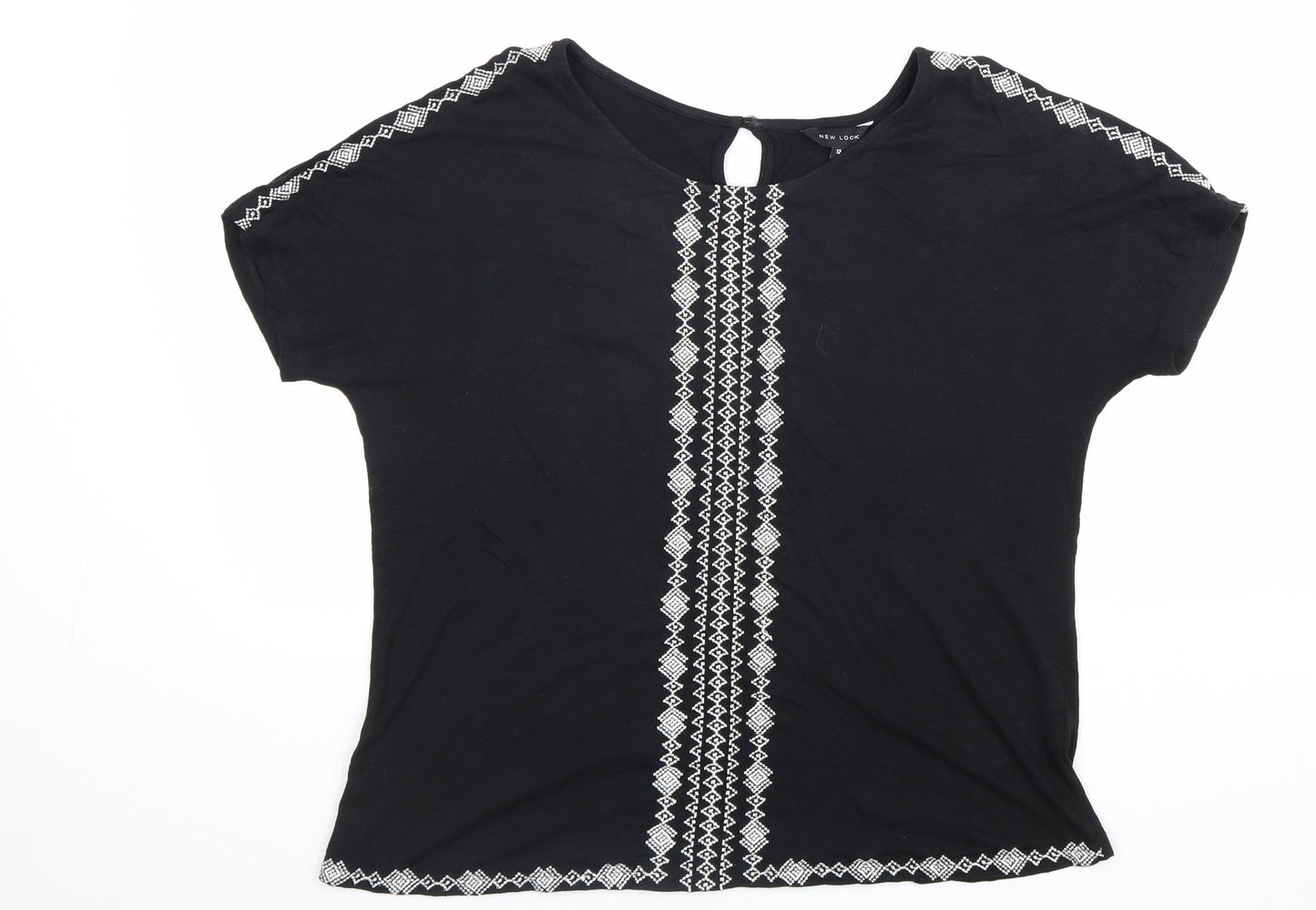 New Look Womens Black Geometric Cotton Basic Blouse Size 12 Round Neck