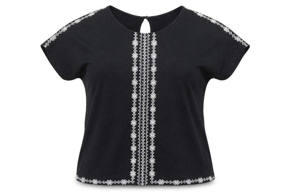 New Look Womens Black Geometric Cotton Basic Blouse Size 12 Round Neck