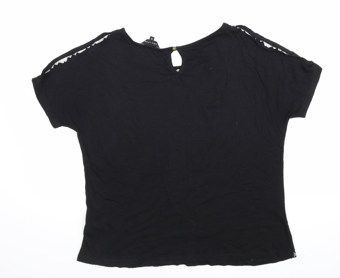 New Look Womens Black Geometric Cotton Basic Blouse Size 12 Round Neck