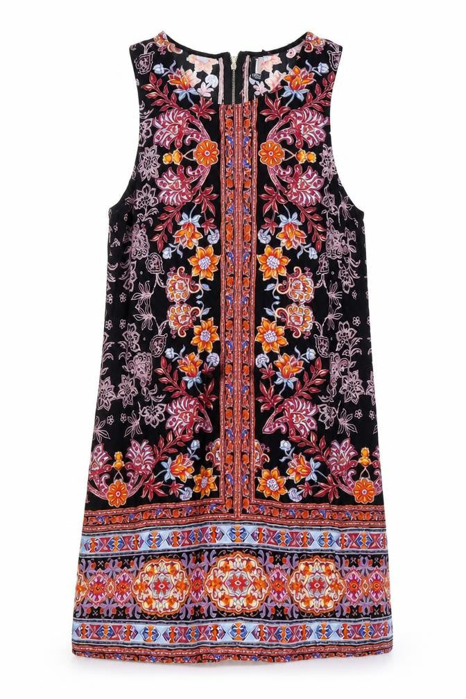 IZABEL Womens Multicoloured Geometric Viscose A-Line Size 12 Round Neck Zip