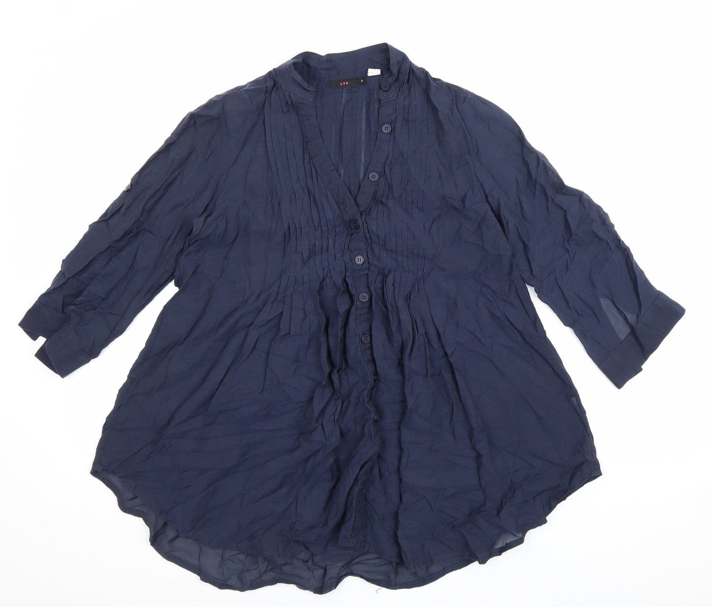 Lux Womens Blue Cotton Basic Blouse Size S V-Neck