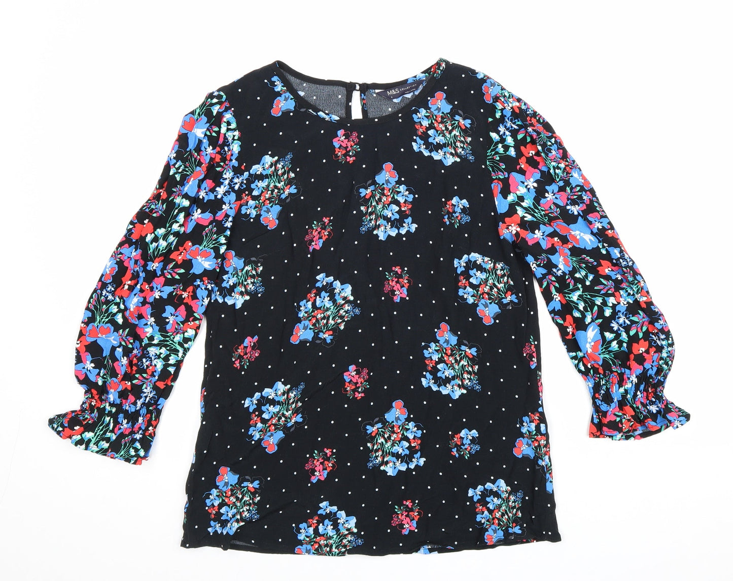 Marks and Spencer Womens Black Floral Viscose Basic Blouse Size 8 Boat Neck