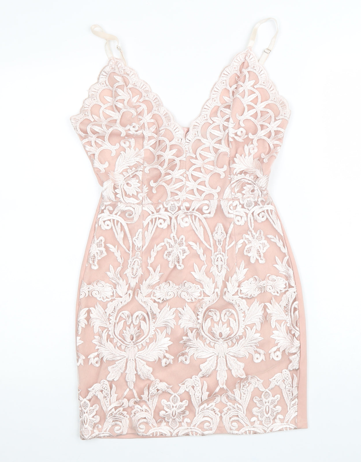 PRETTYLITTLETHING Womens Pink Geometric Polyester Bodycon Size 8 V-Neck Zip
