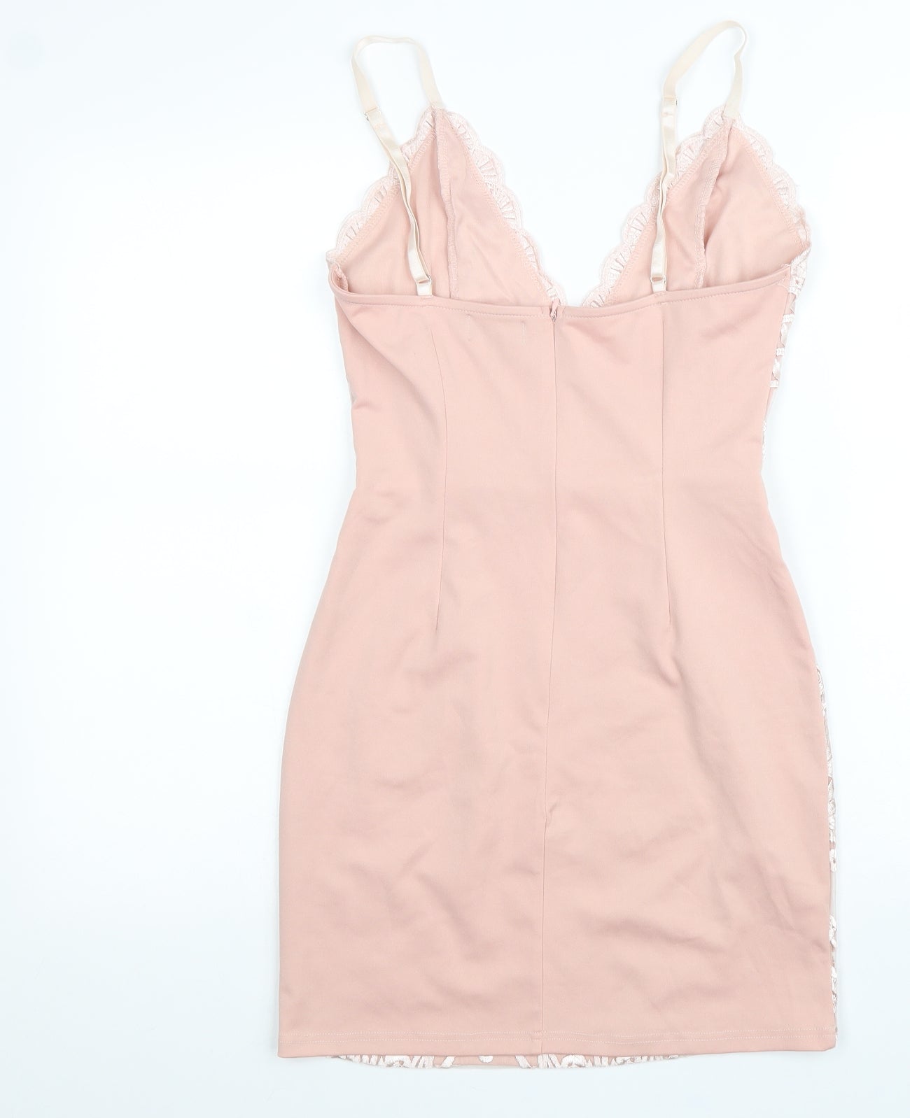 PRETTYLITTLETHING Womens Pink Geometric Polyester Bodycon Size 8 V-Neck Zip
