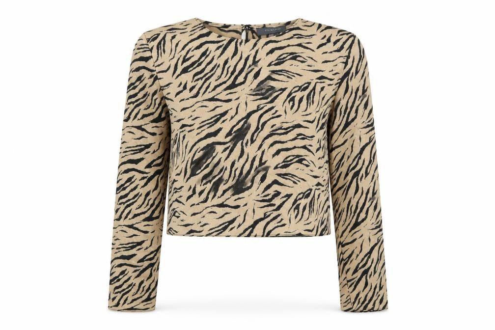 Primark Womens Beige Animal Print Polyester Cropped Blouse Size 14 Round Neck - Tiger Pattern