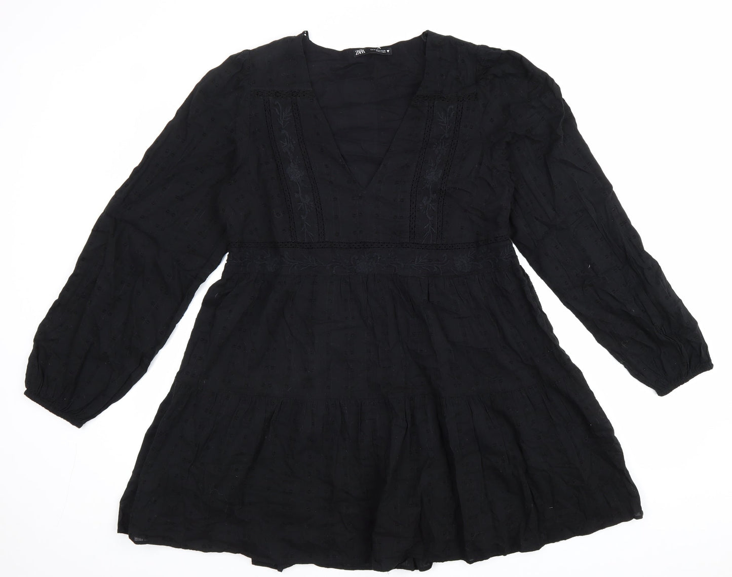 Zara Womens Black 100% Cotton Fit & Flare Size M V-Neck Zip
