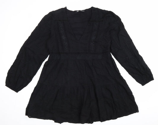 Zara Womens Black 100% Cotton Fit & Flare Size M V-Neck Zip