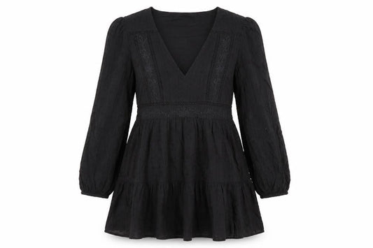 Zara Womens Black 100% Cotton Fit & Flare Size M V-Neck Zip
