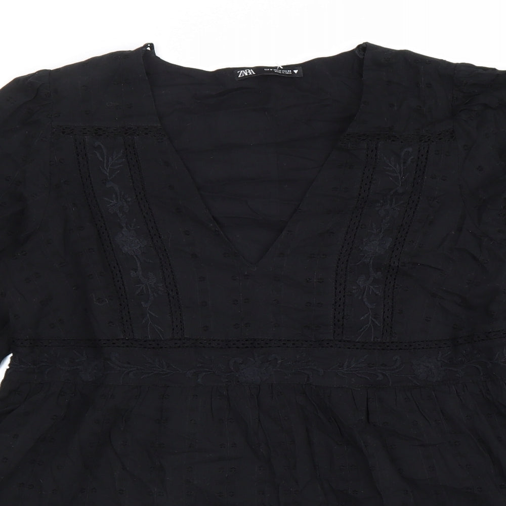 Zara Womens Black 100% Cotton Fit & Flare Size M V-Neck Zip