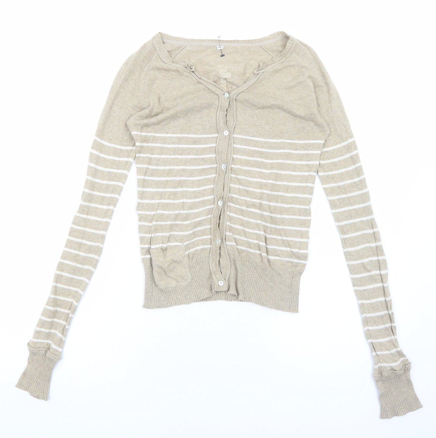 Preworn Womens Beige V-Neck Striped Cotton Cardigan Jumper Size S