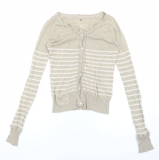 Preworn Womens Beige V-Neck Striped Cotton Cardigan Jumper Size S