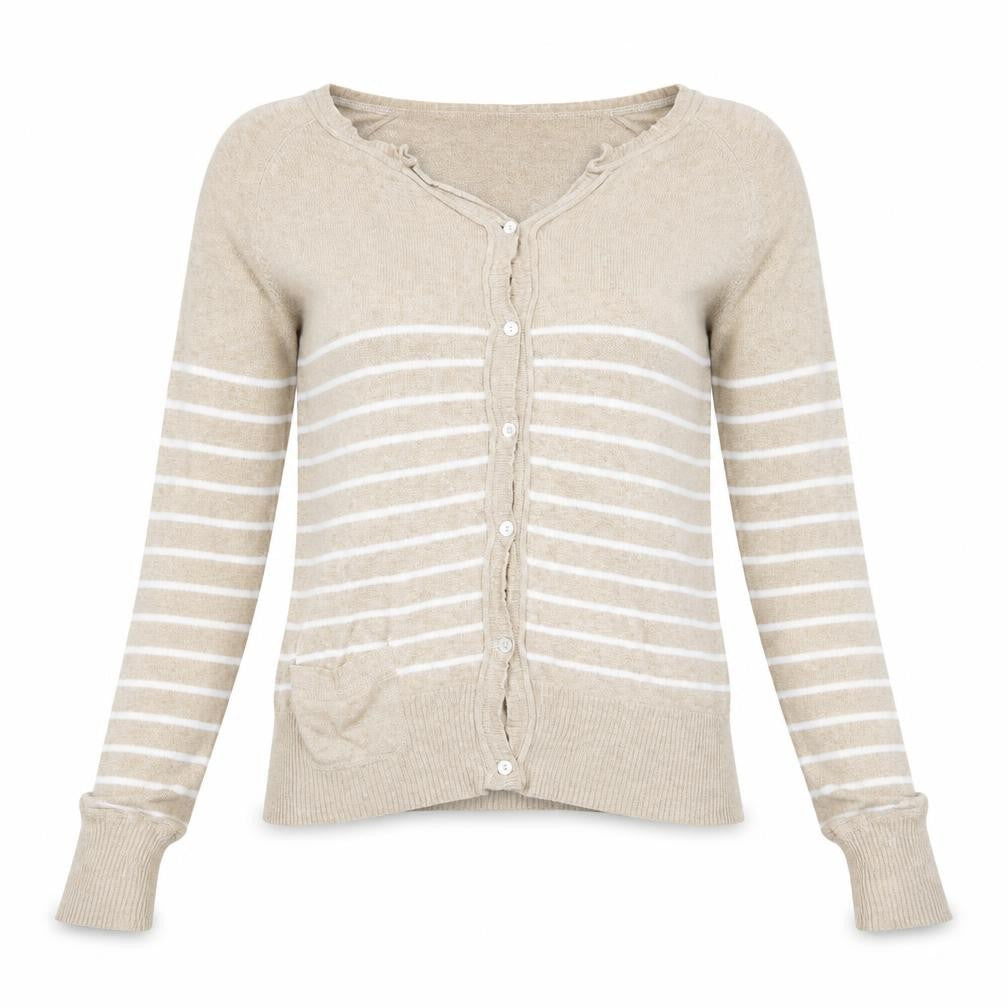 Preworn Womens Beige V-Neck Striped Cotton Cardigan Jumper Size S