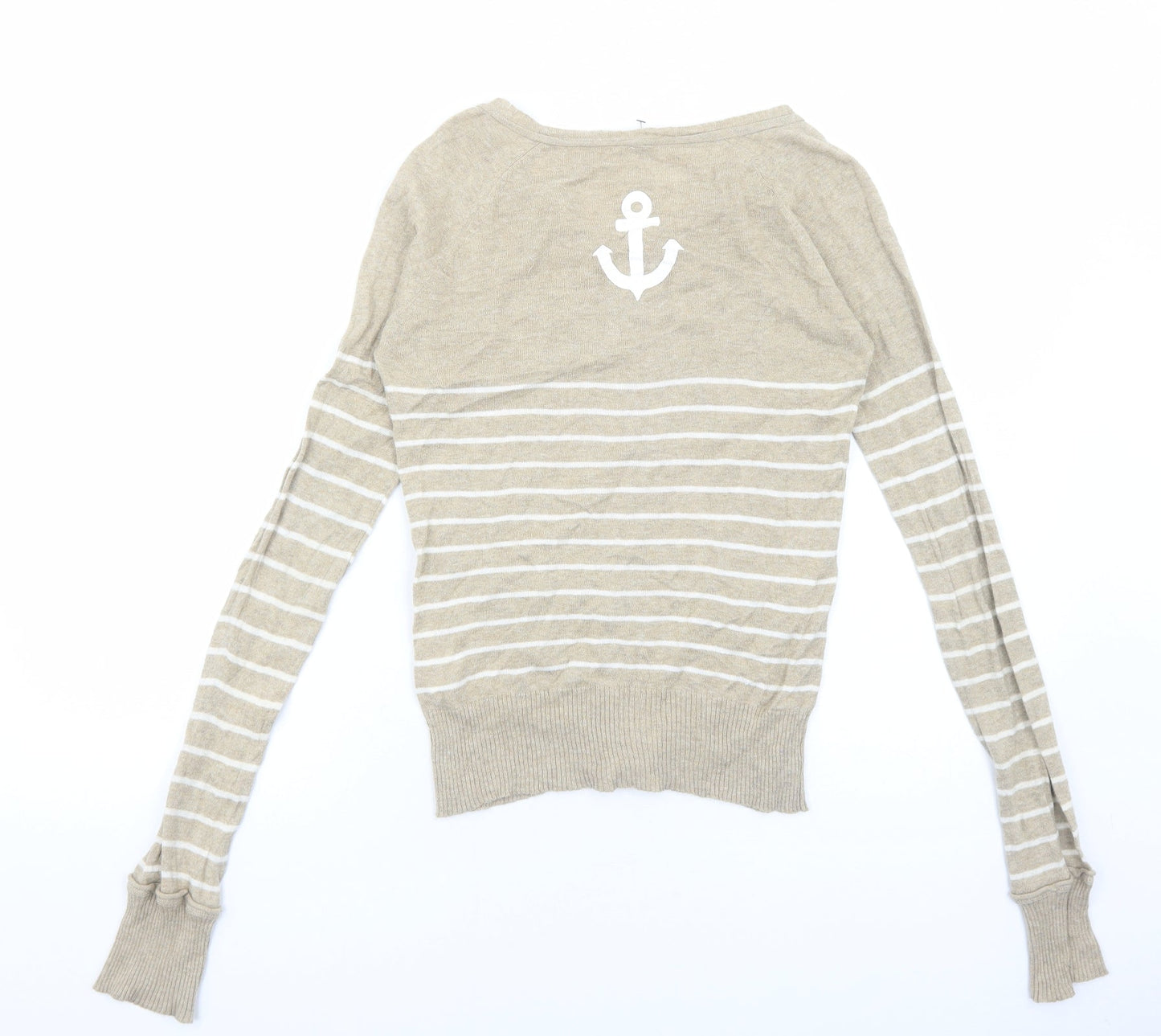 Preworn Womens Beige V-Neck Striped Cotton Cardigan Jumper Size S