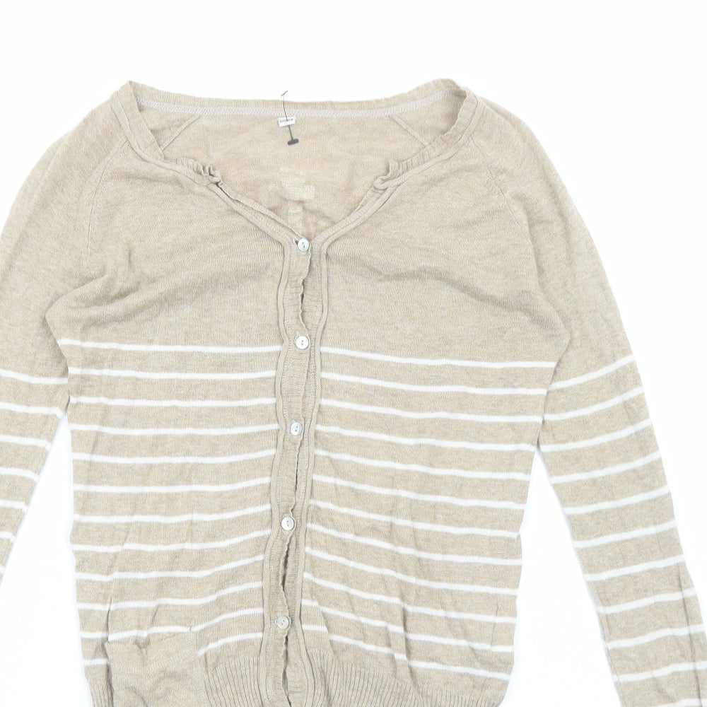 Preworn Womens Beige V-Neck Striped Cotton Cardigan Jumper Size S
