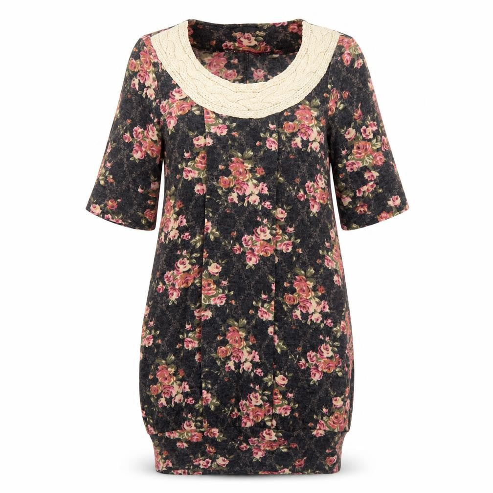 Angeltye Womens Brown Floral Cotton Jumper Dress Size M Round Neck Pullover