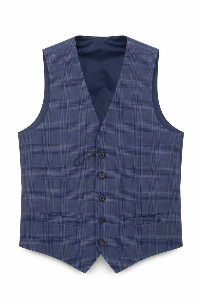 Marks & Spencer Mens Blue Plaid Polyester Jacket Suit Waistcoat Size M Regular