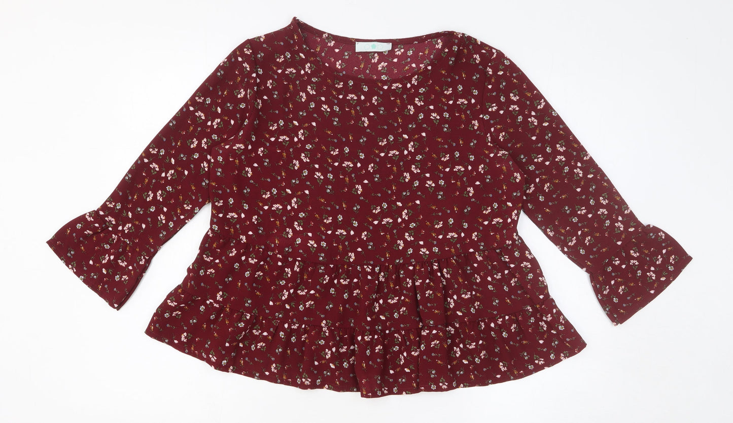 Preworn Womens Red Floral Polyester Basic Blouse Size M Round Neck