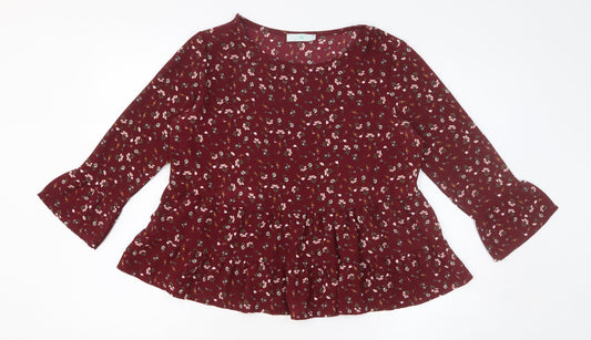 Preworn Womens Red Floral Polyester Basic Blouse Size M Round Neck