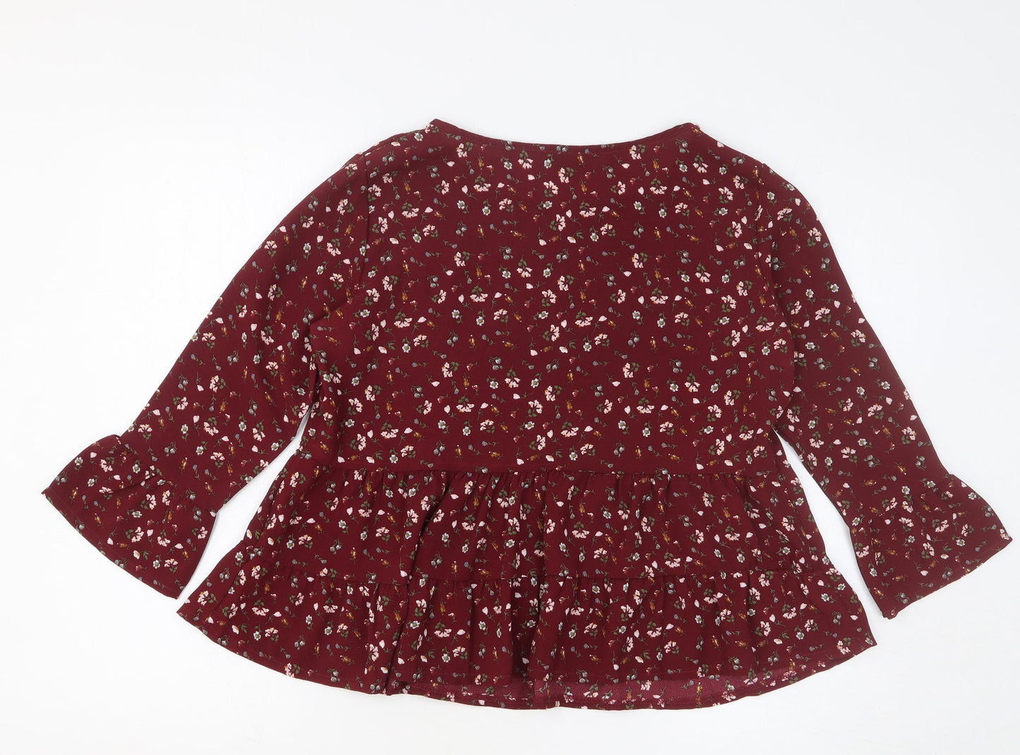 Preworn Womens Red Floral Polyester Basic Blouse Size M Round Neck