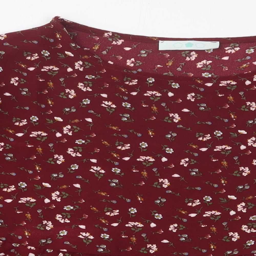Preworn Womens Red Floral Polyester Basic Blouse Size M Round Neck