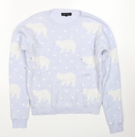 New Look Womens Blue Round Neck Geometric Acrylic Pullover Jumper Size 6 - Polar Bear