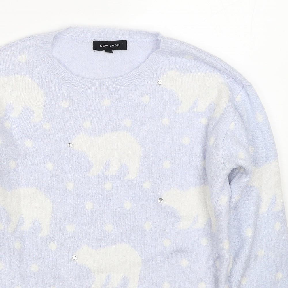 New Look Womens Blue Round Neck Geometric Acrylic Pullover Jumper Size 6 - Polar Bear