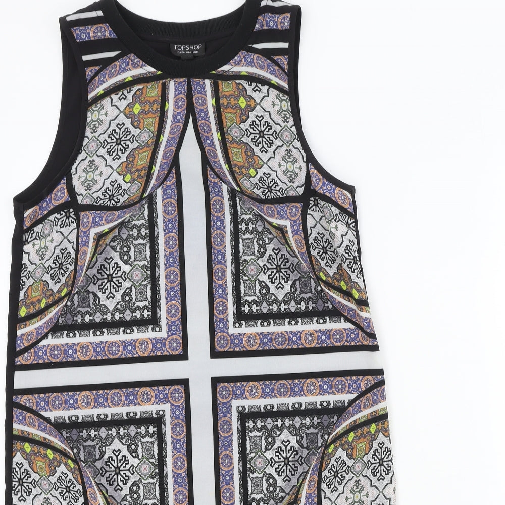 Topshop Womens Black Geometric Polyester Basic Tank Size 8 Round Neck
